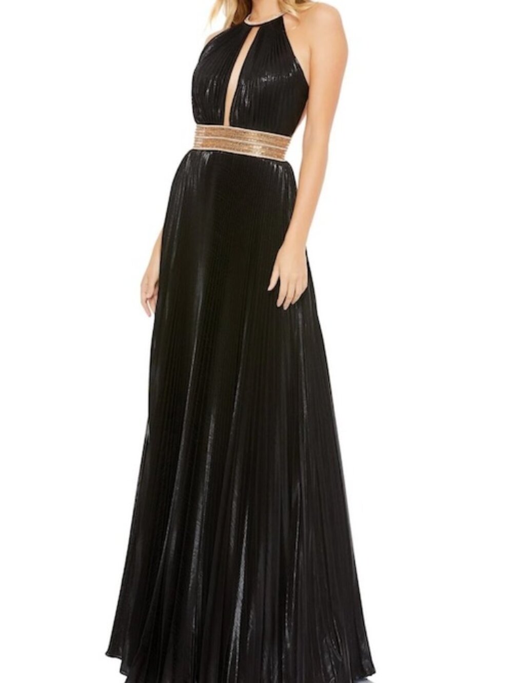 Mac Duggal Black Pleated Shiny Embellished Halter A-line Gown